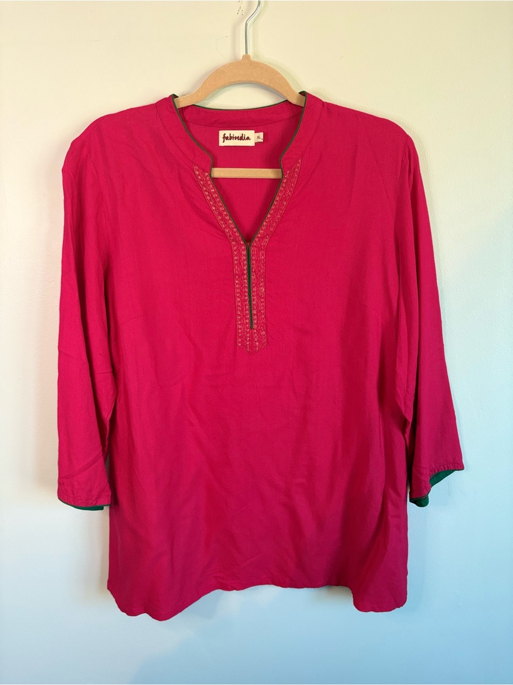 fabindia Indian Bright Pink Embroidered Split-Neck Tunic